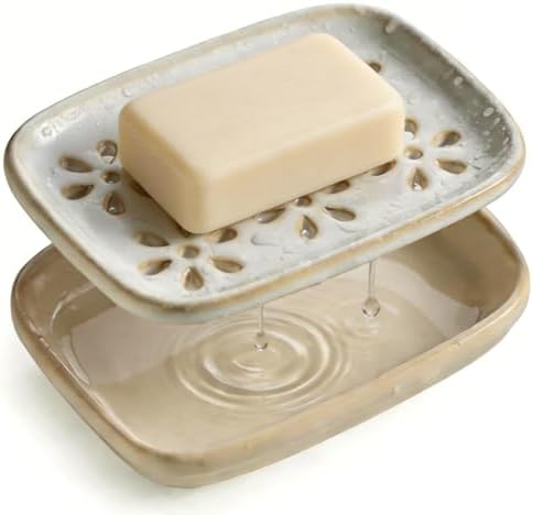Miamolo Soap Dish for Shower with Drainage, Double Layer Bar Soap Holder, Ceramic Soap Saver Sponge Holder for Bathroom, Tub and Kitchen Sink, Slotted Draining Soap Dishes Extend Soap Life, Beige
