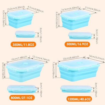 4Pcs Collapsible Silicone Food Container with Lid Heat Resistant Foldable Food Storage Containers Microwave Dishwasher and Freezer Safe 350/500/800/1200 ml for Kitchen Picnic Travel(Sky Blue)