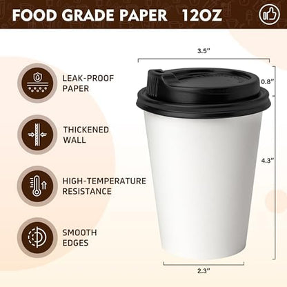 YEEHAW 12 oz 100 Pack White Disposable Coffee Cups with Lids