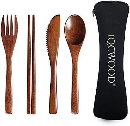 Portable Wooden Cutlery Set for Travel and Camping - 4 Piece Set With Reusable Wooden Spoon, Fork, Knife and Chopsticks