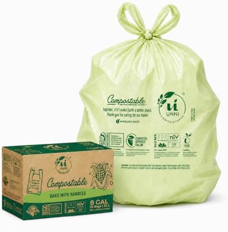 UNNI 8 Gallon Compostable Bags with Easy-Tie Handles, 30 Liter, 30 Count