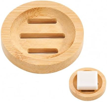 Bamboo Soap Dish for Bar Soap, Raised Wooden Holder with Drain Slots，Round Bamboo Soap Dish
