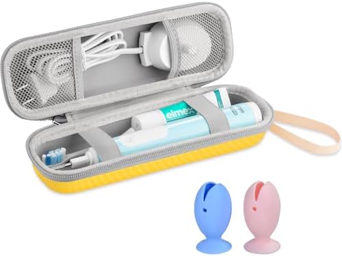 Toothbrush Travel Case for Oral B/Oral-B Pro 1000 1500 5000 7000 7500 9600/ Philips Sonicare 4100 5100 6100 5300 Electric Toothbrush, Portable Hard Protective Storage Bag (Yellow Case and 2 Caps)
