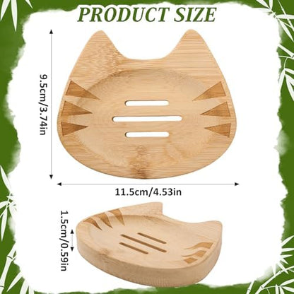 Bamboo Soap Dish Self Draining for Shower - Cute Cat Bamboo Soap Tray Holder Saver with Drainage, Natural Waterproof Decorative Tray for Bathroom, Kitchen, Sponges, Bath Tub, Shower, Sink - 1 Pack