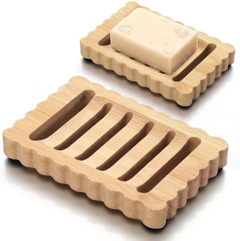 Jinei 2 Pcs Scalloped Wood Soap Dish Bulk 4.92 x 3.35 x 0.59 Inch Bamboo Bar Soap Holder with Self Draining Non-Slip Point Design Sponge Saver for Shower Bathroom Kitchen