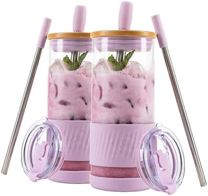 Pandaloo® Glass Cups With Lids and Straws -20 Fl Oz- Perfect Size Iced Coffee Cup - Smoothie Cup With Bamboo Lid and On the go Lid - Glass Tumbler (2 Count (Pack of 1), Lilac Rhapsody-Lilac Rhapsody)