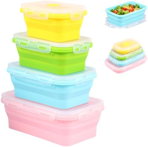 4Pcs Collapsible Silicone Food Container with Lid Heat Resistant Foldable Food Storage Containers Microwave Dishwasher and Freezer Safe 350/500/800/1200 ml for Kitchen Picnic Travel(Multicolor)