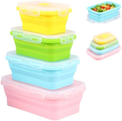 4Pcs Collapsible Silicone Food Container with Lid Heat Resistant Foldable Food Storage Containers Microwave Dishwasher and Freezer Safe 350/500/800/1200 ml for Kitchen Picnic Travel(Multicolor)