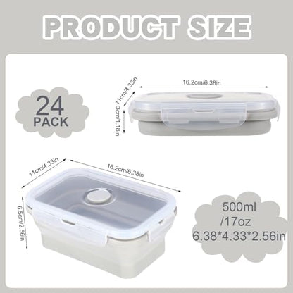 Hushee 24 Pcs Silicone Collapsible Food Storage Containers 17 oz Collapsible Snack Containers with Lid Vent Airtight Meal Prep Bento Lunch Box, Microwave Dishwasher Safe(Gray)