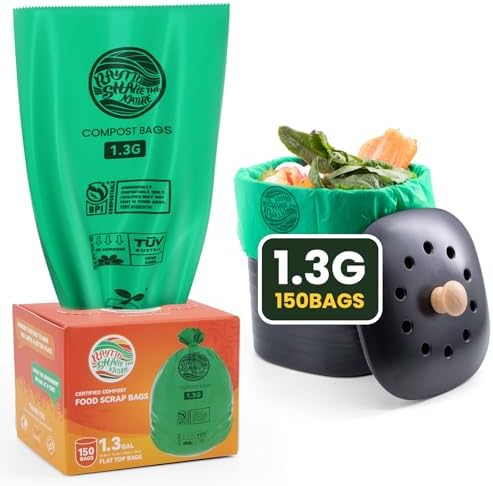 Compost Bags 1.3 Gallon,150 Count,Compostable Small Trash Bags for Kitchen Countertop Compost Bin 0.75, 1,1.2, 1.3Gallon,ASTM D6400, US BPI and Europe OK compost HOME certified