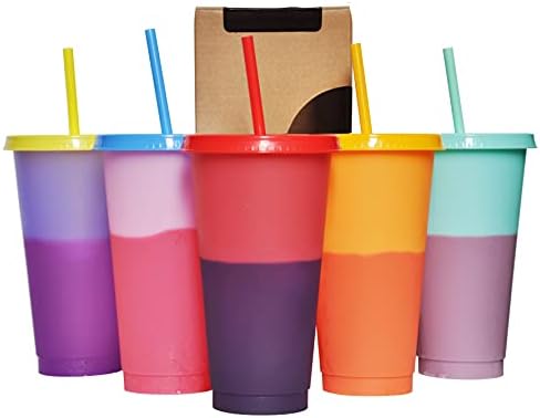 Color Changing Cups, 5 Pack 24oz Plastic Tumblers, Reusable Iced Coffee & Smoothie Cups with Lids and Straws for Parties and Travel (5 Changing, 5 Packs)