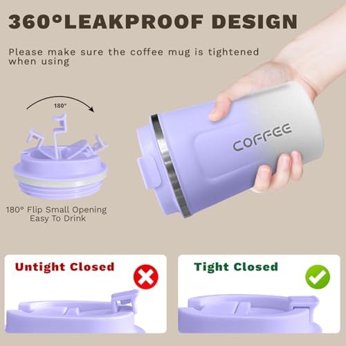 SPLMIFA Travel Coffee Mugs Leak-Proof, Reusable Coffee Cup with Lids, Stainless Steel Vacuum Insulated Coffee Tumblers, Thermal Insulation Cup for Men & Women Hot & Cold Drinks(2nd-Purple White, 17OZ)