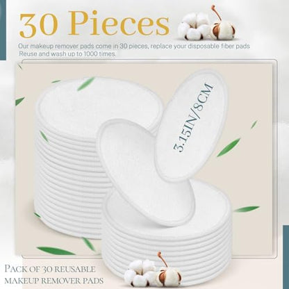 30 Pcs Natural Fiber Round Makeup Remover Pads, Washable Reusable Face Pads Cloth Rounds, Facial Cleansing Pads Wipes for All Skin Types Travel (White)
