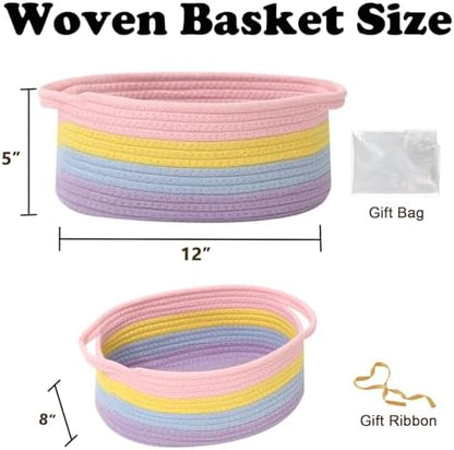 Woven Rope Basket,Baby Gift Basket with Bag & Ribbon, Rainbow