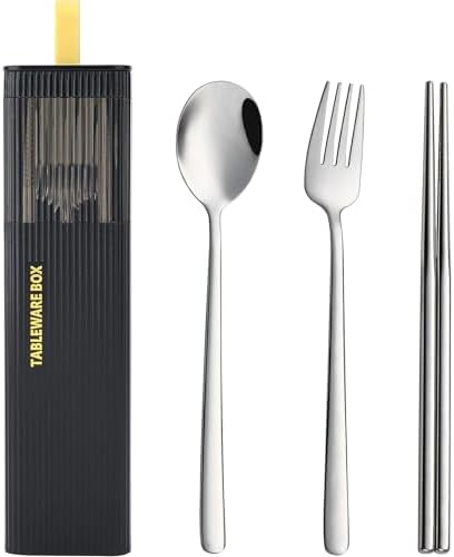 DEVICO Travel Utensils with Case, 4Pcs Korean Chopsticks Fork and Spoon Set