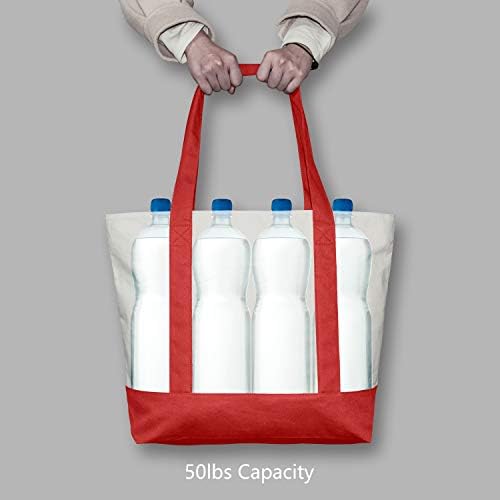 TOPDesign 6-Pack Canvas Tote Bags with an External Pocket, Reusable Grocery Shopping Bags, Top Zipper Closure, Daily Essentials (Red/Natural)