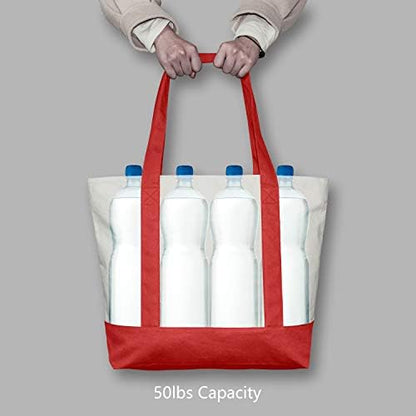 TOPDesign 6-Pack Canvas Tote Bags with an External Pocket, Reusable Grocery Shopping Bags, Top Zipper Closure, Daily Essentials (Red/Natural)