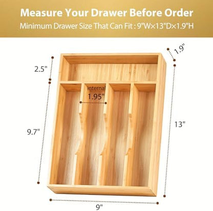 Umilife Bamboo Kitchen Drawer Organizer, 9 Inch Silverware Utensils Tray Holder for Small Drawer, Wood Caddy for Flatware Cutlery Knives