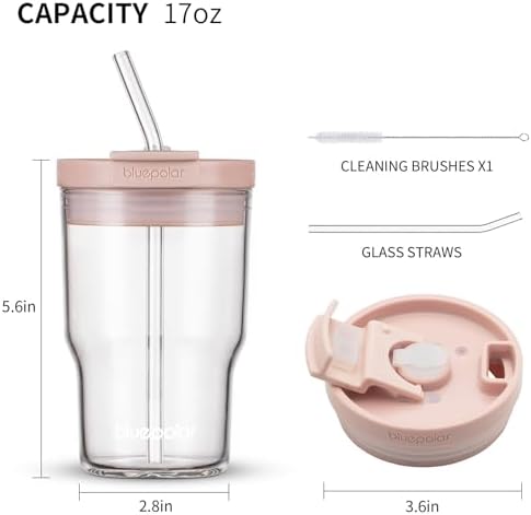 Glass Cups with Lids and Straws,16oz/480mll Reusable Iced Coffee Glasses & Juice Bottles,Cold Brew Tumblers with Leakproof Lids,BPA-Free Glass Jars for Juicing,Matcha,Flower Tea,Smoothie (Pink)