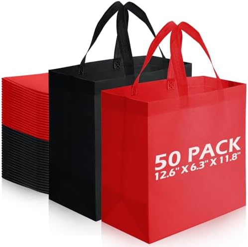Reginary 50 Pcs Reusable Tote Bags Shopping Bags Non Woven, Black, Red
