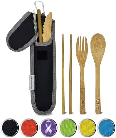 Travel Utensils with Case Set Fork, Knife, Spoon, Chopsticks, Straw, Straw-cleaning brush, Travel Pouch and Carabiner, Excellent For Everyday Use! ((1Set) Midnight Black)