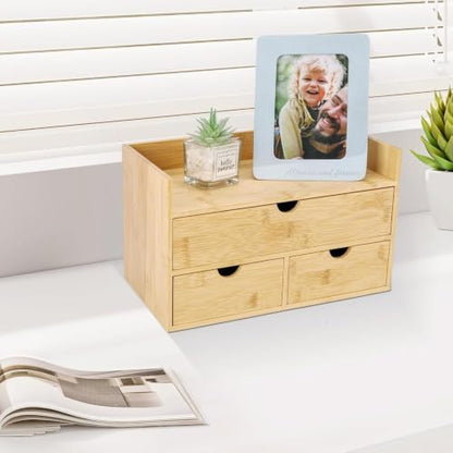 Charmewooden Bamboo Desk Organizer 3 Drawer with shelf, Countertop Organizer with Drawers Makeup Storage Drawer 3 Drawers Tabletop Storage Organization Box Home Office Workspace
