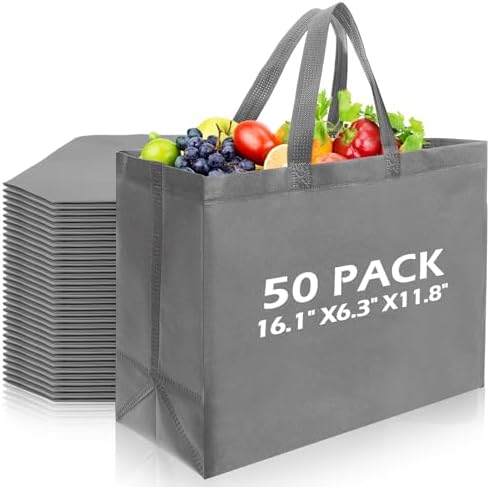 50 Pcs Reusable Tote Bag with Handles Bulk 16.1'' X 6.3'' X 11.8'' Extra Large Non Woven Grocery Shopping Bags for Boutiques Retail Store (Gray)