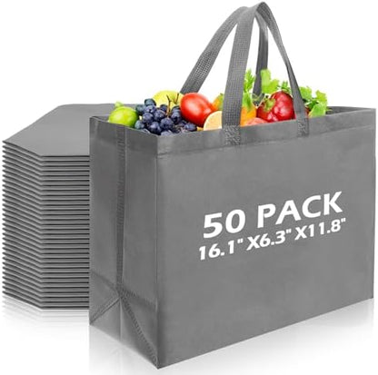 50 Pcs Reusable Tote Bag with Handles Bulk 16.1'' X 6.3'' X 11.8'' Extra Large Non Woven Grocery Shopping Bags for Boutiques Retail Store (Gray)