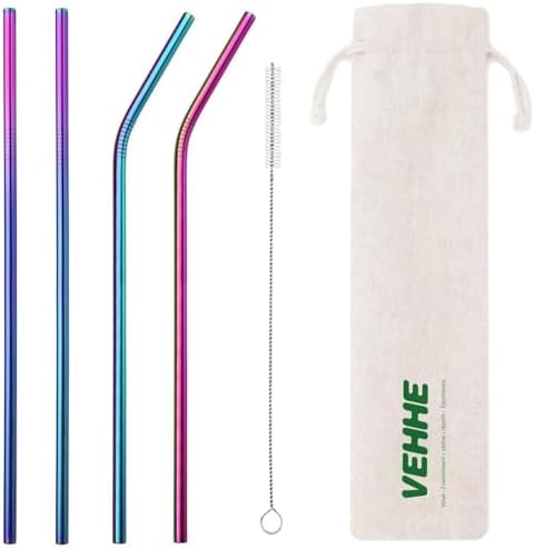 VEHHE Rainbow Metal Straws, Stainless Steel Reusable Straws Set with Brush