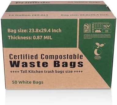 Compostable Bags, 13 Gallon Food Scraps Yard Waste Bags, 50 Count, Extra Thick 0.87 Mil. ASTMD6400 Compost Bags Small Kitchen Trash Bags, Certified By BPI And TÜV AUSTRIA