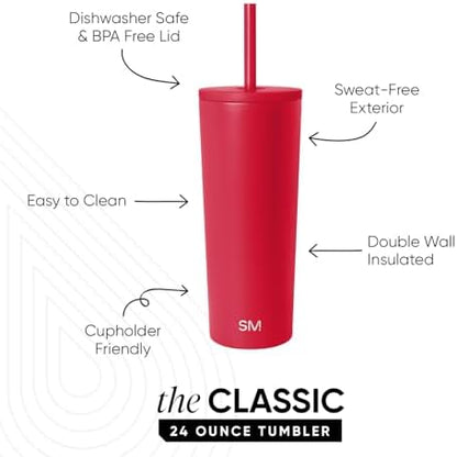 Simple Modern Insulated Tumbler with Lid and Straw | Iced Coffee Cup Reusable Stainless Steel Water Bottle Travel Mug | Gifts for Women Men Her Him | Classic Collection | 24oz | Ember Red
