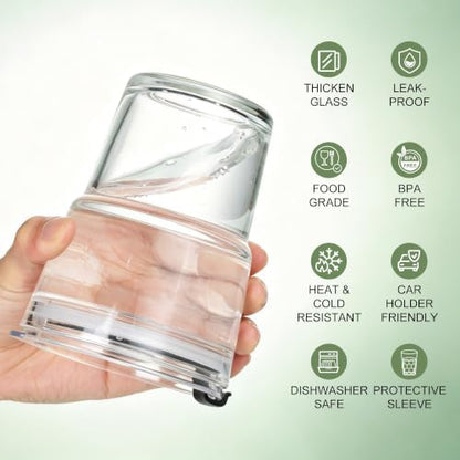 Mrsdry 12oz Iced Coffee Cup with Lids and Straws, BPA Free Reusable Glass Coffee Cups with Silicone Sleeves for Coffee, Iced tea, Thick Wall Glass Cup