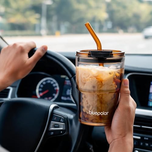 BLUEPOLAR 13oz/400ml Glass Water Tumbler with Straw and Lid Sealed Carry On Thick Wall Iced Coffee Cup Glass Cup for Water, Iced Tea Fruit Juice Etc (Amber-2 Pack)