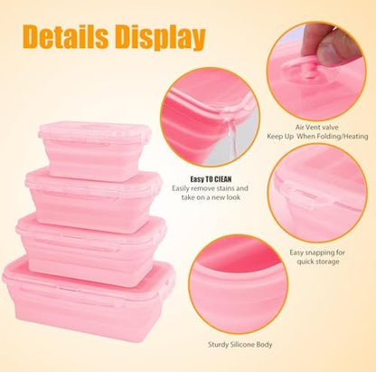 4 Collapsible Silicone Food Storage Containers, Square, Pink