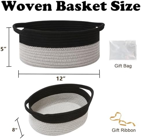 Woven Rope Basket - Baby Gift Basket with Bag & Ribbon, Black&Grey