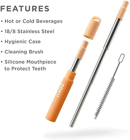 Zoku Reusable Metal Straw with Case, Collapsible Travel Straw - Orange
