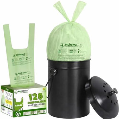 1.6 Gallon Certified Compostable Food Scrap Bags, Handle Tie (120 Bags), Small Kitchen Compostable Trash Bags, BPI Certified, TÜV OK Compost HOME Certified, Meets ASTM D6400 (120 ct.)