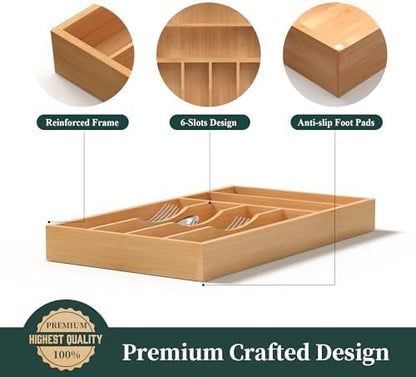 Silverware Organizer, Bamboo Kitchen Drawer Organizer, Utensil Holder, Cutlery Tray & Spoon Flatware Storage with Grooved Drawer Dividers (8.5''W x 15.5''D)
