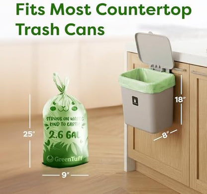 2.6 Gallon Compostable Trash Bags (100 Count) — Thick 0.7 Mil Small Compost Bin Liners — Leak-Resistant Plant-Based Food Scrap Bags for Countertop Kitchen Compost Pails — ASTM D6400 BPI Certified