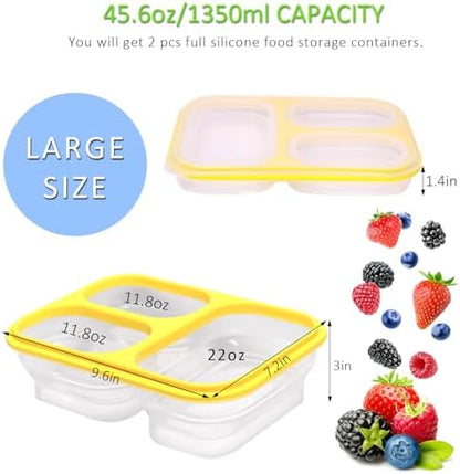 2 Pack Big Collapsible Full Silicone Bento Lunch Boxes With Lids, 3 Compartments, 45.6oz, Clear Divided Lunch Food Storage Containers, Safe in Microwave, Dishwasher and Freezer, BPA Free