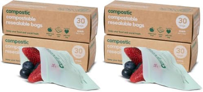 Compostic Compostable Snack Bags, Snack Size (60 Count) Starter Pack — Resealable Zip-Seal, Plant-Based, Home Compostable, Freezer Safe, BPA-Free, Non-Toxic, GMO-Free Food Storage Bags (Pack of 2)