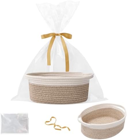 Woven Rope Basket - Baby Gift Basket with Bag & Ribbon, Mixed Brown