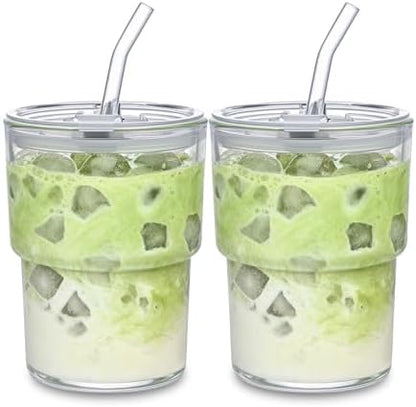 13oz Glass Tumbler with Straw and Lid, Leak Proof Iced Coffee Cup, Thick Wall BPA Free Drinking Glass Water Cups for Iced Coffee, Matcha, Smoothie and Travel-(Clear-2pack)