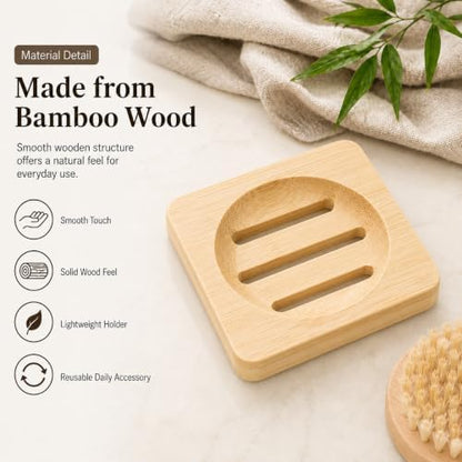 Bamboo Soap Dish for Bar Soap, Raised Wooden Holder with Drain Slots，Square Bamboo Soap Dish