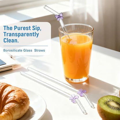 Cute Glass Straws with Purple Bow Charms, 8-Pack 9-Inch Bent for Tumblers