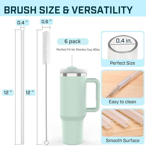 6 Pack Stanley Straws for 40 oz Tumbler - Stanley Replacement Straw with 2 Cleaning Brushes, Reusable BPA-Free Plastic, 40 oz Tumbler Accessories