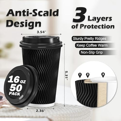 Lamosi 50 Pack 16 oz Coffee Cups with Lids, Disposable To Go Paper Cups
