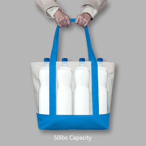 TOPDesign 6-Pack Canvas Tote Bags with an External Pocket, Reusable Grocery Shopping Bags, Top Zipper Closure, Daily Essentials (Ocean Blue/Natural)
