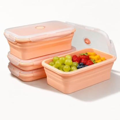 Plus 4PCS Foldable Silicone Food Storage Containers for Kitchen Storage for Leftovers Fruits and Meal Prep Dishwasher Safe Microwave Safe Ideal for Home and Travel (Pink, 27OZ)