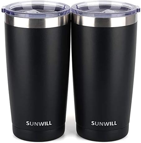 SUNWILL Travel Coffee Mug with Lid, 20 oz Tumbler Set of 2, Insulated Stainless Steel Cup for Water, Tea, Ice, Powder Coated Black 2 pack